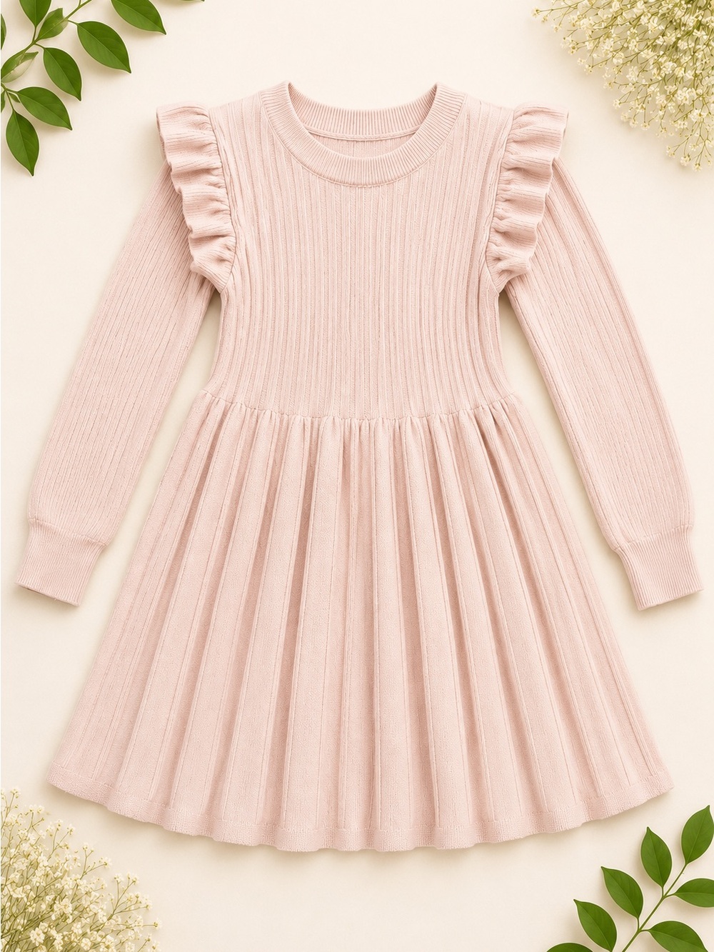 Girls' Soft Pink Ribbed Knit Dress with Ruffle Shoulders size 6